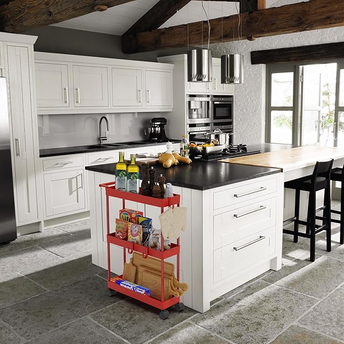 Simple Houseware 3-Tier Slim/Narrow Storage Cart with Handle, 5.5'' Wide x 27.5'' Height Rolling Organizer for Kitchen, Bathroom, Laundry Room - Red