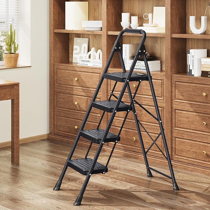 TOOLF 4 Step Ladder, Sturdy Steel Step Stool with Anti-Slip Wide Pedals, Handrail, Safe-Lock Design, Folding Portable Ladder for Multi-Purpose, Home, Kitchen, Pass 800lbs Load Testing, Black