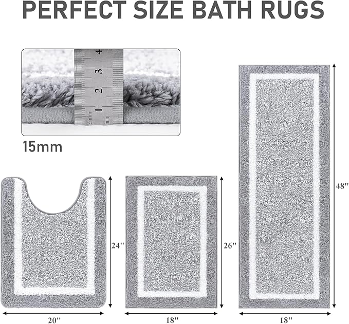 Pauwer Bathroom Rug Set 3 Piece, Non-Slip Absorbent Bath Mats, Microfiber Soft, Absorbent Plush Shaggy Carpets Includes U-Shaped Toilet Mat for Bath Floor, Shower, Light Grey
