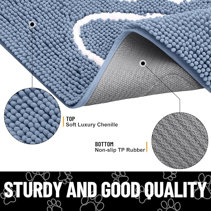 Smiry Dog Door Mat for Muddy Paws, Absorbent Dirt Trapper Non Slip Quick Dry Washable Chenille Mat for Mud Dogs, Entry Rug for Indoor and Outdoor (71x46 Inches, Airy Blue and White)