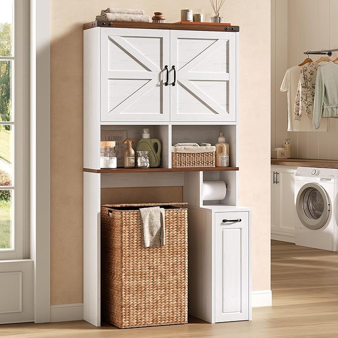 UPOSOJA Farmhouse Over The Toilet Storage Cabinet with Pulley Small Bathroom Storage Cabinet, Space Saver W/Adjustable Shelf & Open Shelf for Bathroom, Restroom, Laundry (White Brown-Type B)