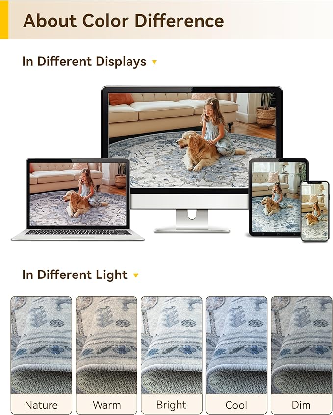 RELEANY Area Rugs Round 6ft Washable Non-Slip, Floral Vintage Distress Medallion Carpet for Living Room Bedroom Dining Room, Light Blue Navy Gray White