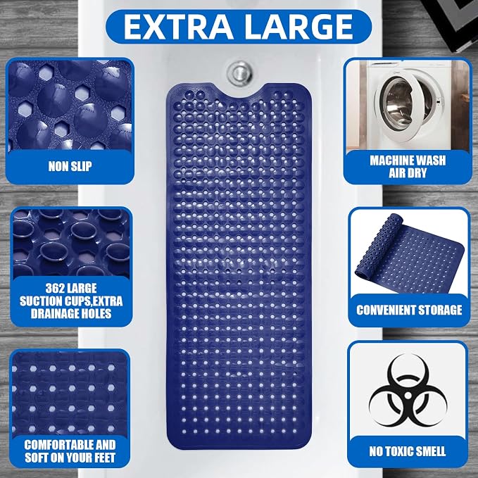 MOONFLY Shower and Bathtub Mat,40x16 Inches,Extra Long Non Slip Mats with Suction Cups and Drain Holes, Machine Washable and Anti Slip Bathmats, Bathroom Mats for Tub Nonslip (Navy Blue)