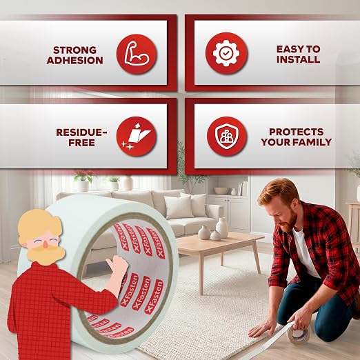 XFasten Double Sided Rug Gripper Tape - 2' x 5 Yds, 3-In Core Carpet Tape for Carpet to Carpet, Hardwood Floors, High Traffic Areas, Easy to Use Area Rug Tape