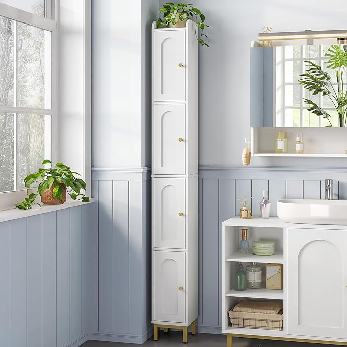 Hzuaneri 4-Tier Narrow Tall Storage Cabinet, Slim Bathroom Storage Cabinet with 4 Adjustable Feet and Shelves, Bathroom Organization for Small Space, Kitchen, Living Room, Laundry Room White BC42213G