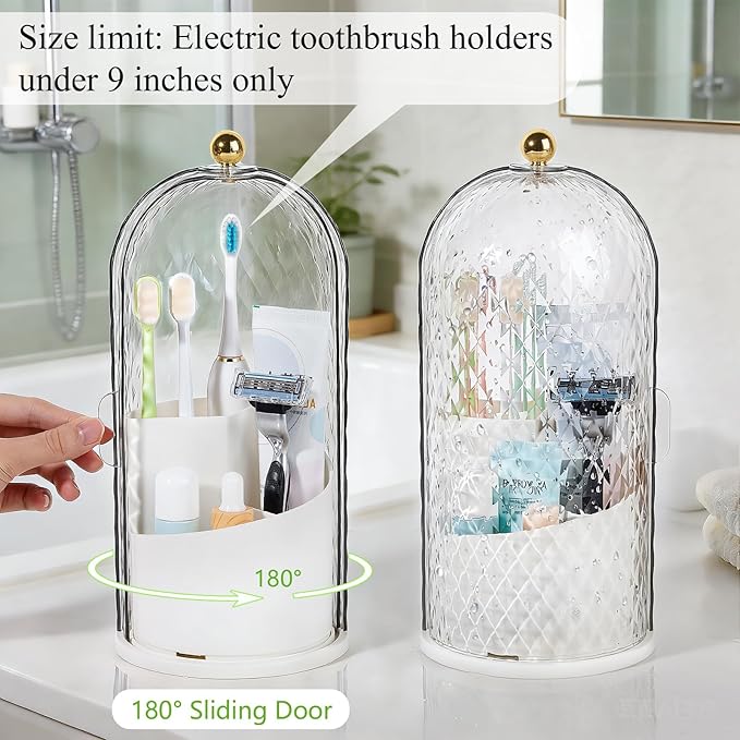 Toothbrush Holder with Cover for Bathroom Countertop, Rotating Organizer for Electric Tooth Brush and Toothpaste, 3-Slot Makeup Brush Storage, Self-Draining Vanity Counter Organizer White
