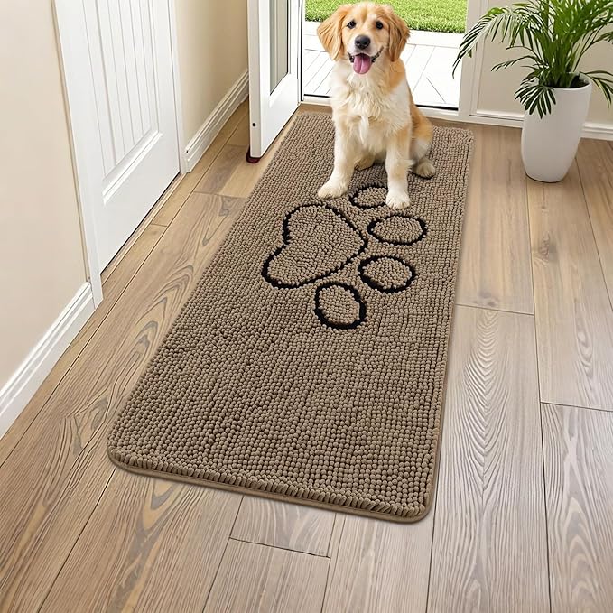 Smiry Dog Door Mat for Muddy Paws, Absorbent Dirt Trapper Non Slip Quick Dry Washable Chenille Mat for Mud Dogs, Entry Rug for Indoor and Outdoor (45x27 Inches, Camel and Black)