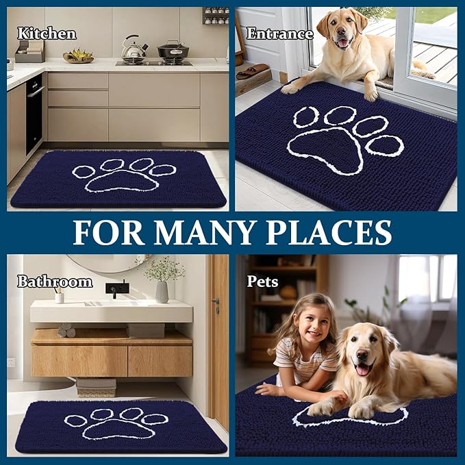 OLANLY Dog Door Mat for Muddy Paws 54x24, Paw Print Design, Absorbs Moisture and Dirt, Absorbent Non-Slip Washable Doormat, Quick Dry Chenille Mud Mat for Dogs, Entry Indoor Entryway Carpet, Navy Blue