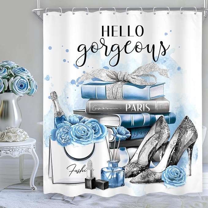 Girly Blue Shower Curtain 60Wx72H Silver Fashion Shower Curtain Women Girls Gray Teal Flower Perfume Bathroom Curtain Set High Heels Magazine Books Floral Bathroom Decor Fabric with 12 Hooks