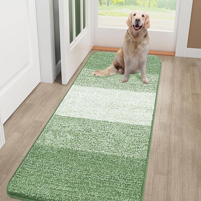 Smiry Dog Door Mat for Muddy Paws, Absorbs Moisture and Dirt, Low-Profile Entryway Mat with Non-Slip Backing, Entry Indoor Outdoor Doormat for Inside Floor (48x30 Inches, Sage Green, Striped)