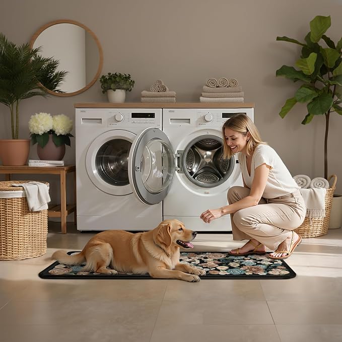 PureCozy Kitchen Mats 2PCS Anti Fatigue Cushioned Mat Non Slip Floral Kitchen Mats for Floor Waterproof Comfort Standing Black Farmhouse Rug for Sink Laundry Office Desk 17.3"x47"+17.3"x30"