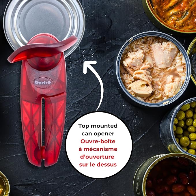 Starfrit Little Beaver Can Opener, Safe, Holds lid and Leaves No Sharp Edges on Lid, Comfort Grip, 3-Year Warranty, Red