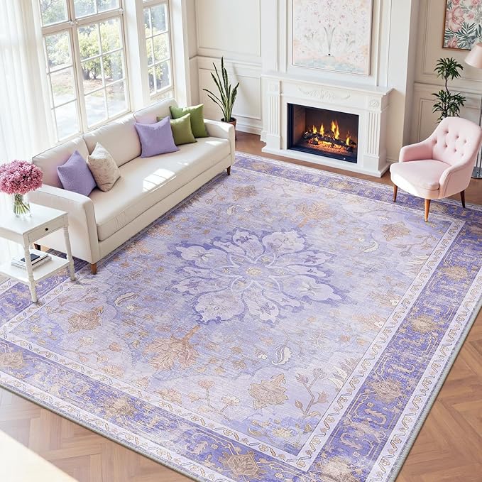 RELEANY Area Rugs Large 9'x12' Washable Non-Slip, Floral Vintage Distress Medallion Carpet for Living Room Bedroom Dining Room, Light Purple Brown