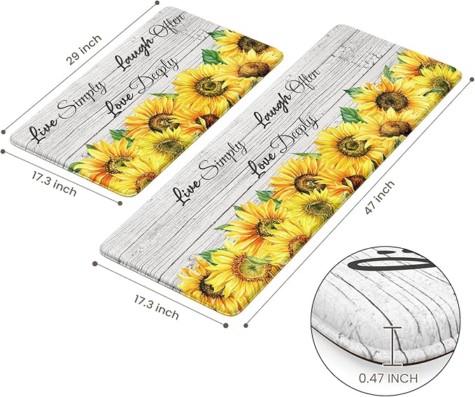 KIMODE Anti Fatigue Kitchen Mat, Farmhouse Sunflower Kitchen Rugs Sets of 2, Kitchen Floor Mats Non-Slip Cushioned, Comfort Kitchen Mats for Floor Sink, Laundry, Desk White 17"x47"+17"x29"