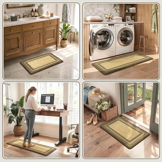 KIMODE Anti Fatigue Kitchen Mats for Floor, Farmhouse Kitchen Rugs Sets of 2, Cushioned Kitchen Floor Mats, Brown/Khaki Laundry Room Mat, Comfort Standing Mat for Sink Office Desk 17"x47"+17"x29"