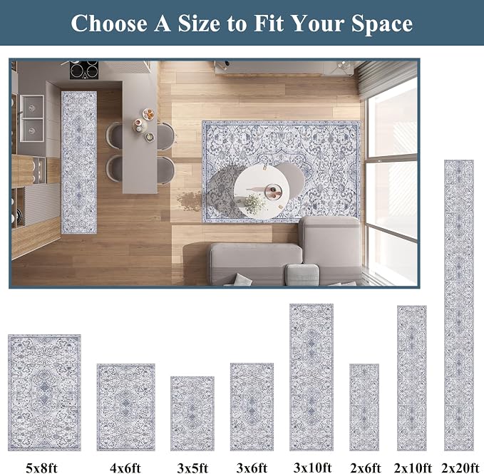 Area Mat for Living Room, 5'x8' Waterproof Vintage Print Floor Mat for Bedroom Kitchen, Stain Resistant Non-Slip Rug for Under Dining Table, Soft Floor Play Pad for Spills, Pet Accidents
