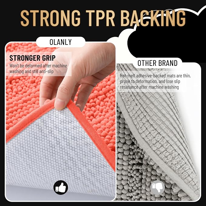 OLANLY Thick Bathroom Runner Rugs 44x24, Extra Absorbent Chenille Striped Bath Rugs, Rubber Backing, Machine Wash Dry, Long Bath Mats for Bathroom Floor, Tub and Shower, Home Decor Accessories, Coral