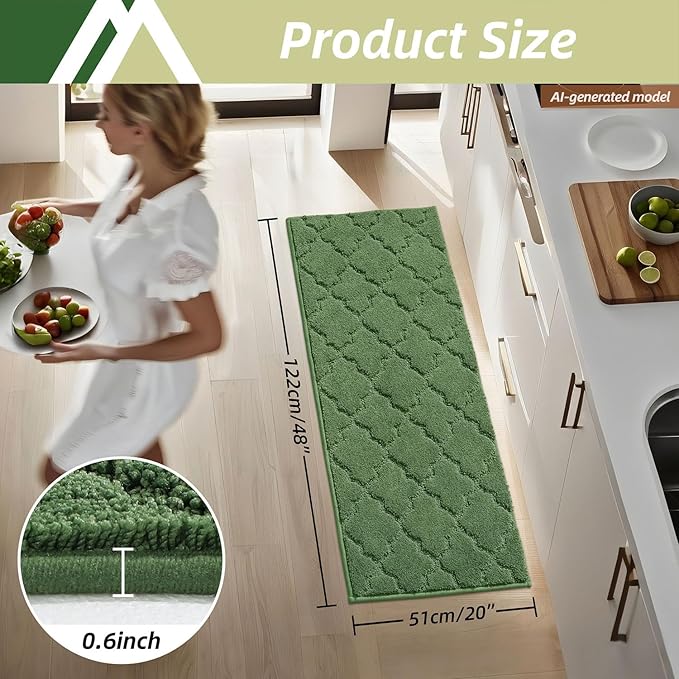 COSY HOMEER Kitchen Rugs 20"x48" Non-Slip Absorbent Soft Kitchen Runner Rug Polyester Kitchen Mats for Floor Washable Kitchens Standing Floor Mat for Sink Mat,Hallway,Laundry,Green