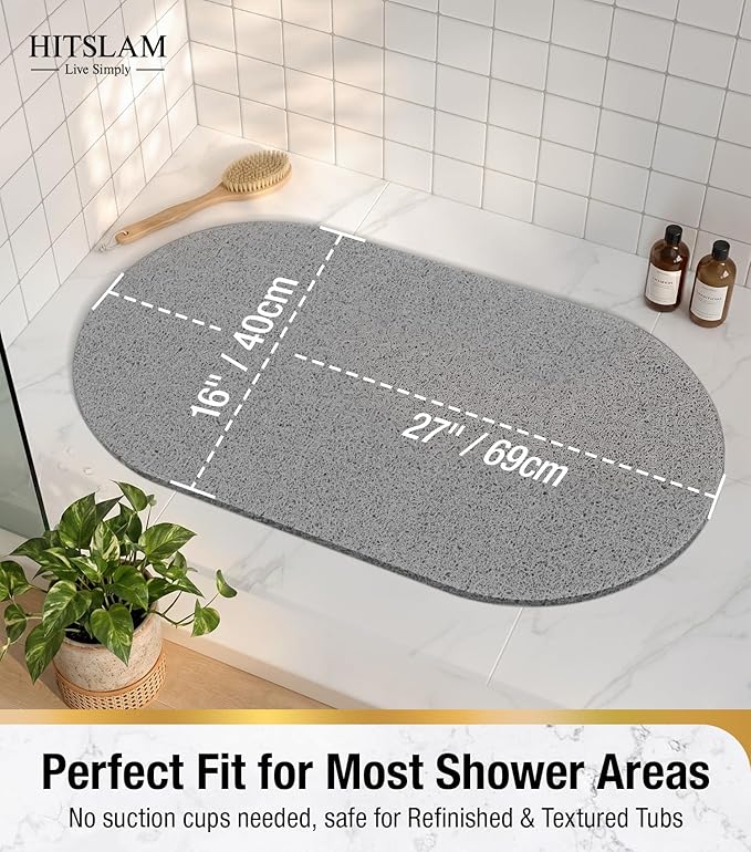HITSLAM Oval Loofah Shower Mat Non Slip, 27x16 Inch Bath Mat for Textured Tub & Inside Shower Stall, No Suction Cups Quick Drying PVC Porous Floor Mat, Soft Foot Exfoliating Bathtub Mat, Grey