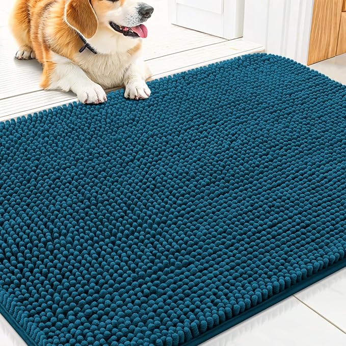 Smiry Dog Door Mat for Muddy Paws 30x20, Absorbent Dirt Trapper, Non-Slip Washable Chenille Entryway Rug for Inside Floor, Atlantic Blue, Classic Solid
