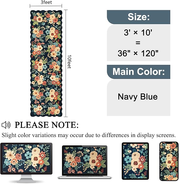 DUKINO 3x10 Washable Runner Rug, Non Slip Floral Ultra Soft Runner for Hallway, Lightweight Low Pile & Stain Resistant Long Throw Carpet for Kitchen, Bathroom, Entrance, Bedroom, Kids Room, Navy Blue