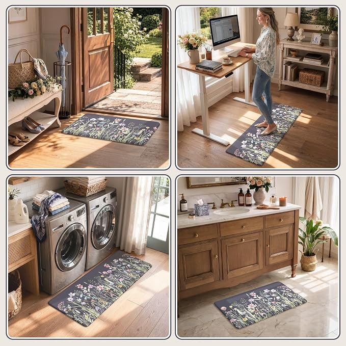 KIMODE Anti Fatigue Kitchen Mat, Farmhouse Floral Kitchen Rugs, Kitchen Floor Mats Non-Slip,Comfort Kitchen Mats for Floor Sink, Laundry, Office, Desk Dark Grey/Purple 17"x47"+17"x29"