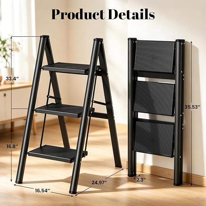 HBTower 3 Step Ladder, Lightweight Aluminum Folding Step Stool, Step Stool Foldable with Wide Anti-Slip Pedal, 330lbs Capacity for Home and Kitchen, Black