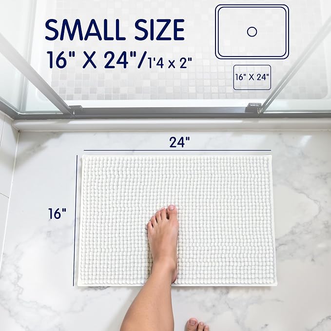 SUBRTEX Bathroom Rugs Chenille Bath Rug Soft Short Plush Bath Mat Soft Shower Mat Water Absorbent Shower Mat Quick Dry Machine Washable(White,18" x 24")
