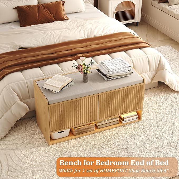 HOMEFORT 39.4" Fluted Shoe Storage Bench, Entryway Bench with Linen Seat Cushion, Shoe Cabinet Bench with Adjustable Shelf and Built-in LED Sensor Light, Bench for Bedroom End of Bed, Natural Oak