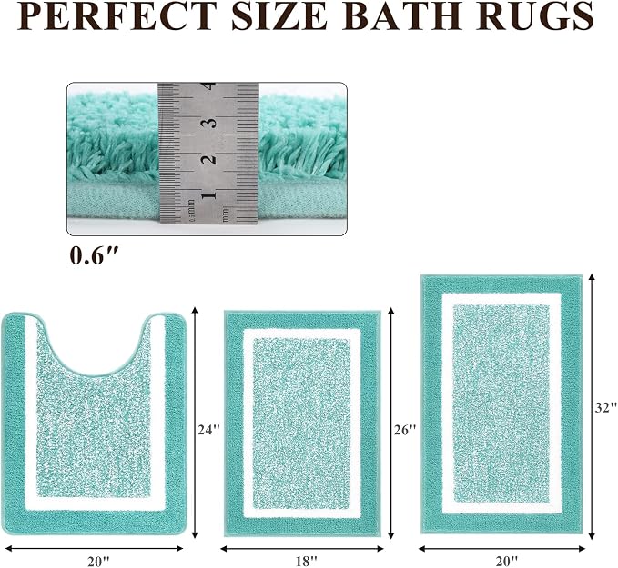 Pauwer 3-Piece Bathroom Shower Rug Set with U-Shaped Contour Toilet Mat, Absorbent Microfiber Plush Bath Mats, Non-Slip, Machine Washable Shaggy Bathroom Floor Mats, Teal