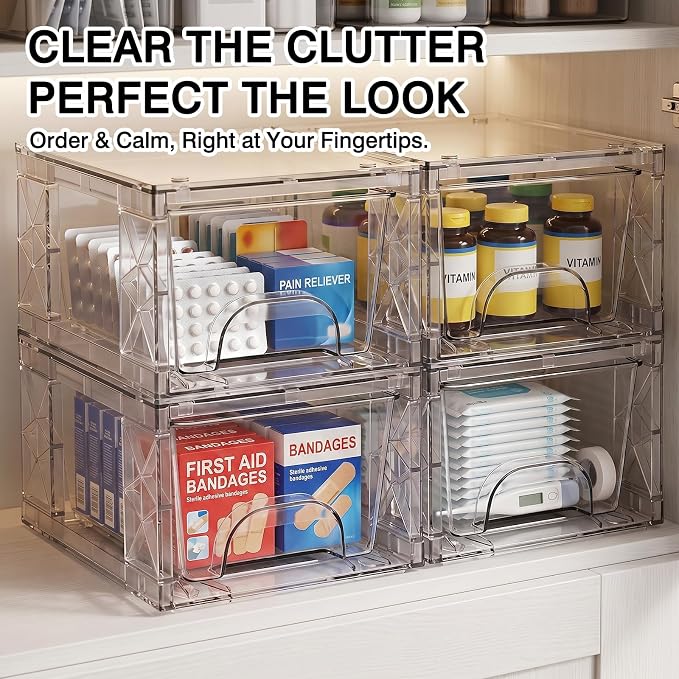 Under Bathroom Sink Organizer Stackable Storage Drawers 4.4in Small Acrylic Medicine Cabinet Bins, Simply Assembled Box Containers for Cosmetics, Bathroom, Kitchen, Snack(4 Pack)