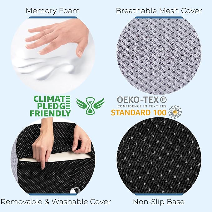5 STARS UNITED Seat Cushion - Memory Foam Chair Cushion for Tailbone Pain Relief - Ergonomic Support for Coccyx, Sciatica & Butt - Office, Desk & Gaming Chair, Car Seat, Wheelchair, Light Gray Mesh
