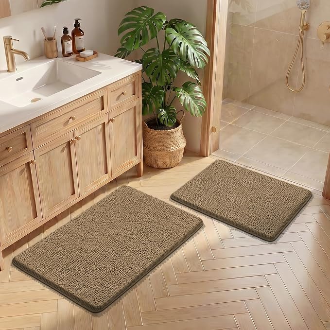 Bcoimo Bathroom Rug Set, Chenille Bathroom Rugs, Absorbent Non Slip Plush Bath Mats, Machine Washable Fast Drying Floor Mats for Tub, Shower, Sink, Vanity