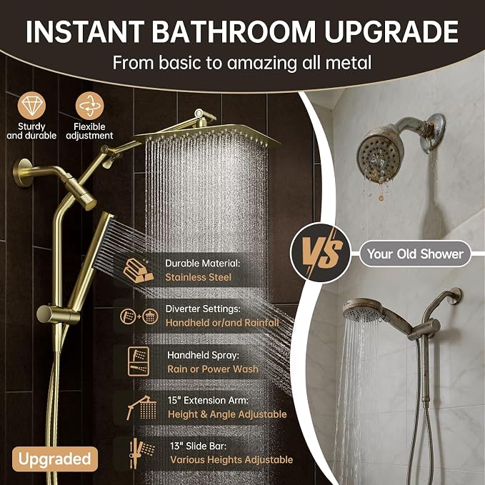 Veken All Metal 10" Shower Head with Handheld, Luxurious Square Double Rain Shower Heads with Spray Combo, Dual High Pressure Detachable Rainfall Showerhead with Extension Arm, Long Hose,Brushed Gold