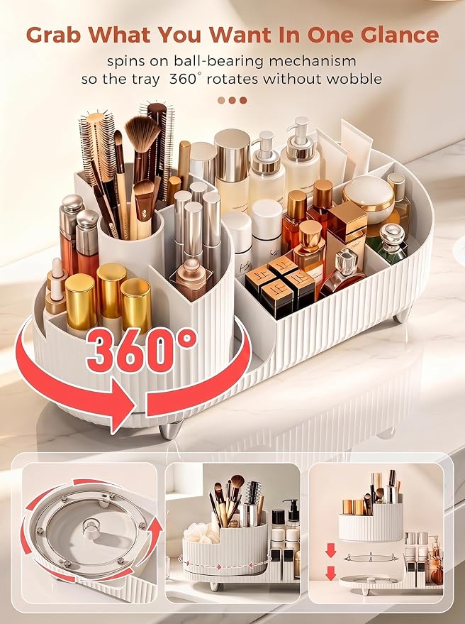 Booklov Rotating Makeup Caddy Organizer for Vanity, Large Capacity Cosmetic Display Case, Countertop Beauty Storage Holder for Skincare, Brush Eyeshadow Lipstick, Counter Desk Organization, White