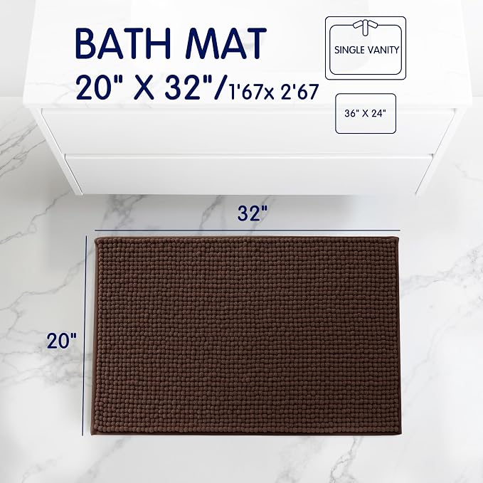 SUBRTEX Bathroom Rugs, 20" x 32" Chenille Bath Rug Soft Short Plush Bath Mat Soft Shower Mat Water Absorbent Shower Mat Quick Dry Machine Washable, Chocolate