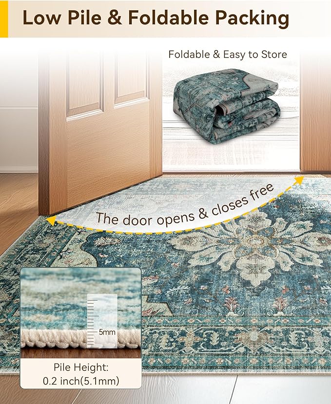 RELEANY Area Rugs Runner 3'x6' Washable Non-Slip, Floral Vintage Distress Medallion Carpet for Kitchen Hallway Bedroom Beside Laundry Room Bathroom, Dark Blue Vintage