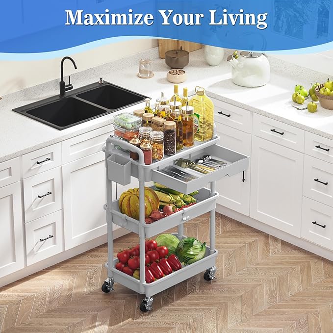 SUNALLY 3 Tier Rolling Cart with Drawer, Bathroom Storage Organizer with 2 Lockable Wheels, Multifunctional Rolling Storage Cart for Bathroom, Kitchen, Office, Craft, Makeup, Baby Essentials, Gray