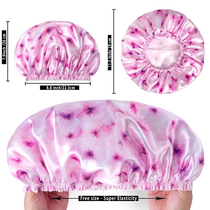 4 PCS Shower Caps for Women, 3D Printing Bath Caps, Double Layers Shower Cap Reusable Waterproof, Bathing Shower Caps, Environmental Protection Hair Bath Hat - Flower B