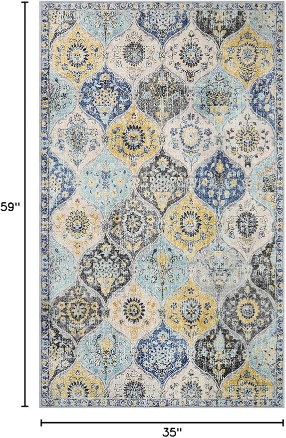 Lahome Moroccan Trellis Washable Small Area Rug, 3x5 Area Rug for Bedroom Living Room, Non-Slip Oriental Throw Carpet for Kitchen Office Entryway Bathroom Office Elise, Yellow/Aqua