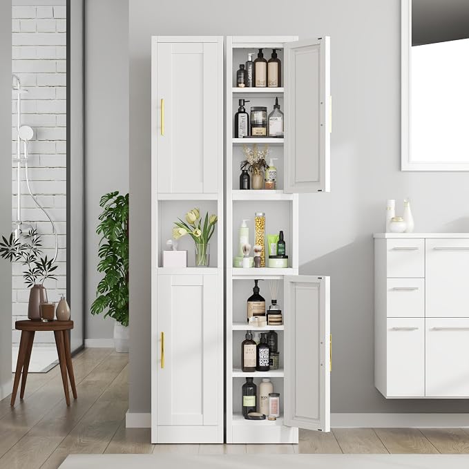 Tall Metal Narrow Bathroom Storage Cabinet 67" H, Tall White Pantry Cabinets with 4 Adjustable Shelves and 2 Doors for Kitchen, Home Office, Living Room, Dining Room(11.8 inches Wide)