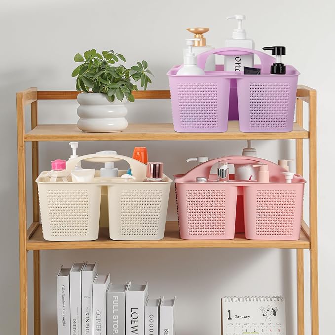 UUJOLY Plastic Portable Shower Caddy Basket Bucket, Cleaning Shower Basket with Handle Compartments Storage Basket Organizer for Bathroom Kitchen College Dorm Sink, Light Purple