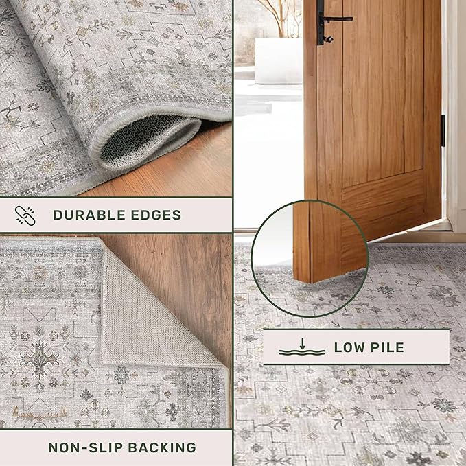 Hazo Haus Light Gray Kitchen Rug 10 ft Long - Modern Neutral Boho Unique Floral with Brown Accent, Washable Low Pile Non-Slip Extra Long Wide Runner Rugs for Hallway, 3x10