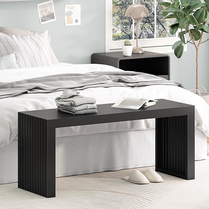 Bamboo Dining Bench, 35-inch Sleek Design Entryway Shoe Rack Bench, Indoor Kitchen Table Bench, Waterproof Outdoor Bench, Black
