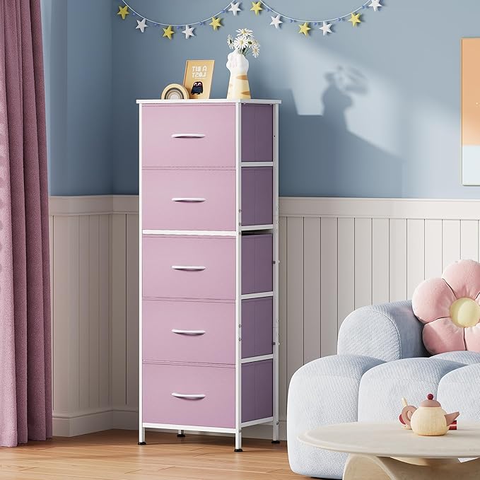 WLIVE Fabric Dresser for Bedroom, 5-Drawer Tall Dressers, Storage Organizer with Fabric Bins, Wood Top, Sturdy Steel Frame, Chest of Drawers for Closet, Hallway, Cloudy Pink