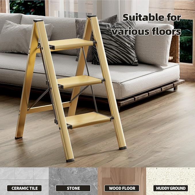 HillhutApex 3 Step Ladder, Lightweight Portable 3 Step Stool with Anti-Slip Wide Pedal,330lbs Capacity Aluminum Ladder for Household,Office,Library(Gold)