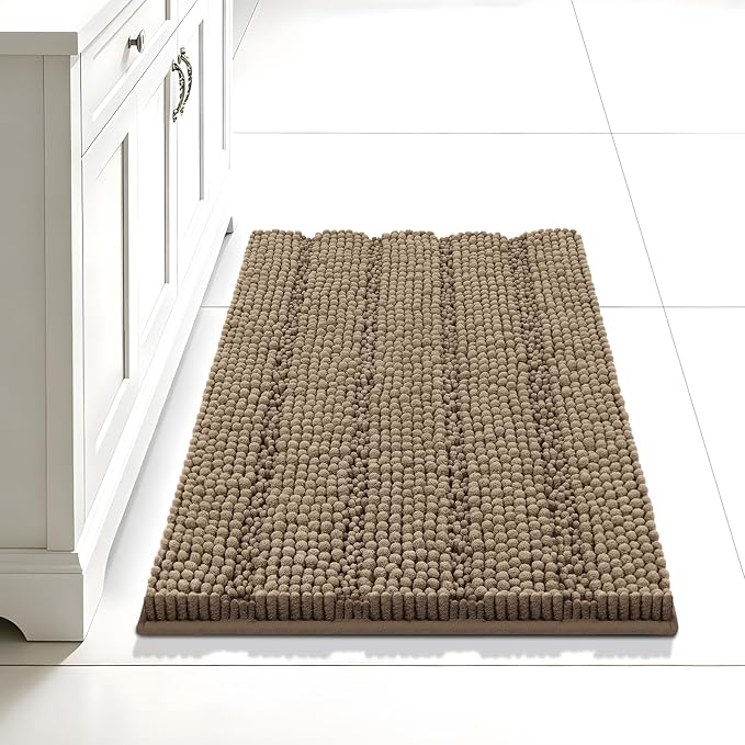 Bcoimo 24"×17" Chenille Bath Mat – Non-Slip with Backing Bath Rug Ultra-Absorbent and Machine Washable Bathroom Mat Quick-Dry Design. Ideal for Bathroom and Tub Areas