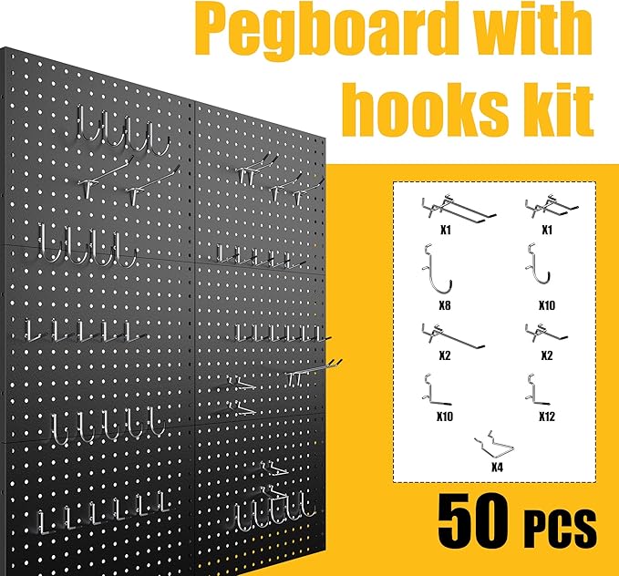Spampur Peg Board, 6 Pack Metal Pegboard Panels Black Pegboards Wall Organizer with 50 Hooks, Heavy Duty Peg Board for Walls Home, Garage Tool Storage, Office Organization, Craft Room, Kitchen