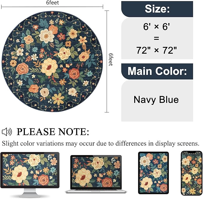 DUKINO Floral Round Rug, 6ft Washable Circle Rug, Non Slip Indoor Low Pile Circle Rug, Soft Small Boho Design Carpet for Bedroom, Entryway, Living Room, Dining Room, Dark Blue