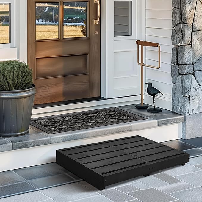 Indoor Wooden Step Stool 3.5'' Height, Outdoor Steps with Non Slip Pads, Step for Outside, Safety Stepping Stool for Bathroom, Kitchen, Bed, Black